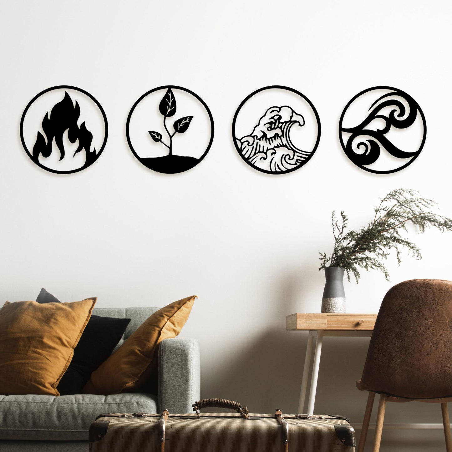 Four Elements Metal Wall Art, Yoga Room Wall Art, Unique Gift İdeas, Black Friday, Valentine's Day Gift, Set Of 4 Metal Wall Decor