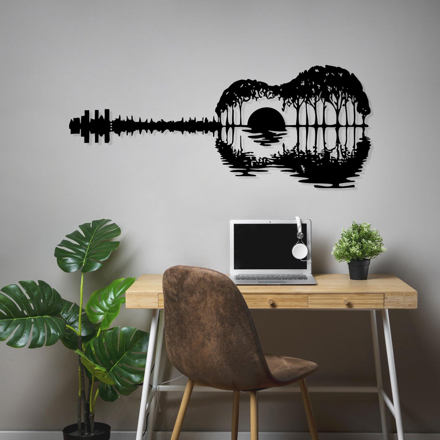 Guitar Lake Metal Wall Art, Sunset Guitar Metal Wall Decor, Lake Guitar Silhouette Metal Art, Unique Gift for Music Lovers, Gift for Her