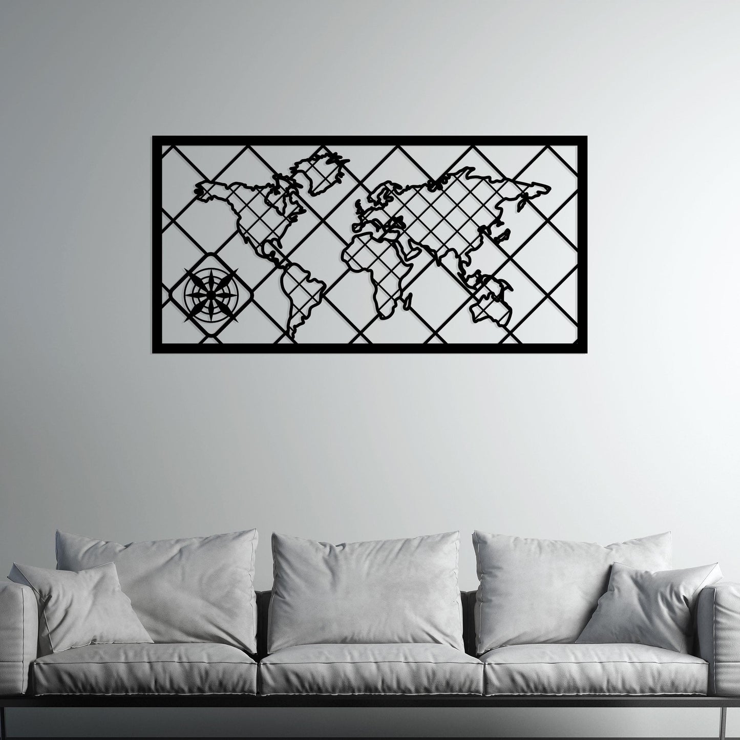 World Map Metal Wall Art, Framed World Map Metal Wall Deco, Aesthetic World Map, Metal World Map with Black Frame for Home and Office Design