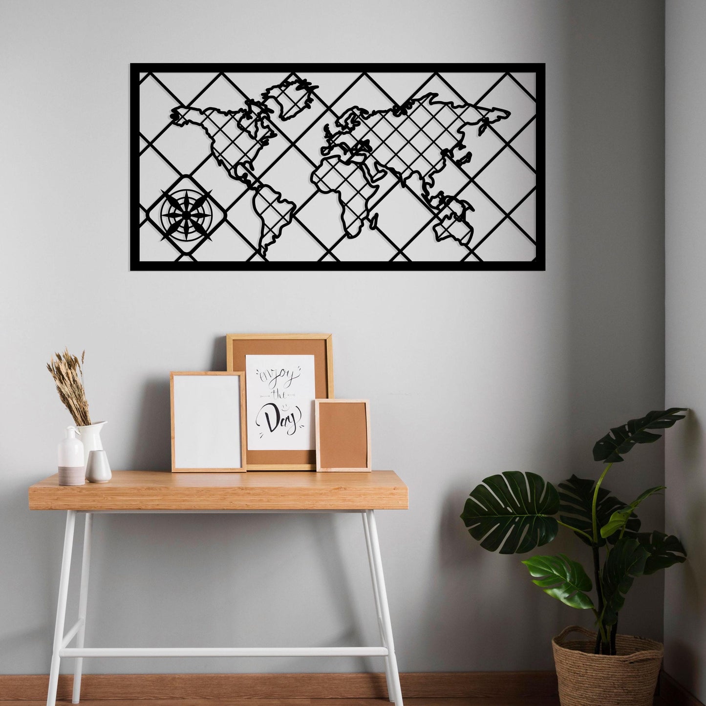 World Map Metal Wall Art, Framed World Map Metal Wall Deco, Aesthetic World Map, Metal World Map with Black Frame for Home and Office Design