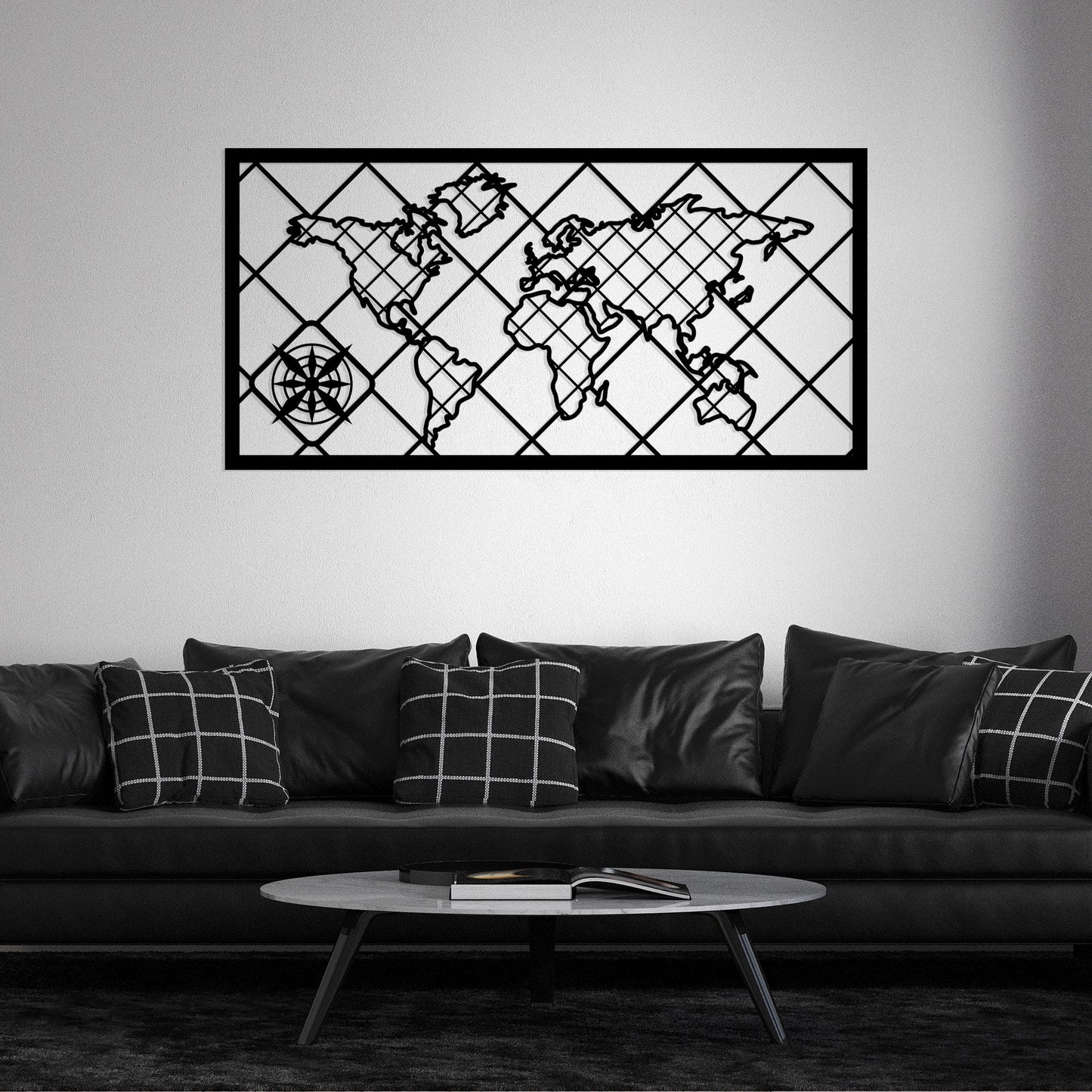 World Map Metal Wall Art, Framed World Map Metal Wall Deco, Aesthetic World Map, Metal World Map with Black Frame for Home and Office Design