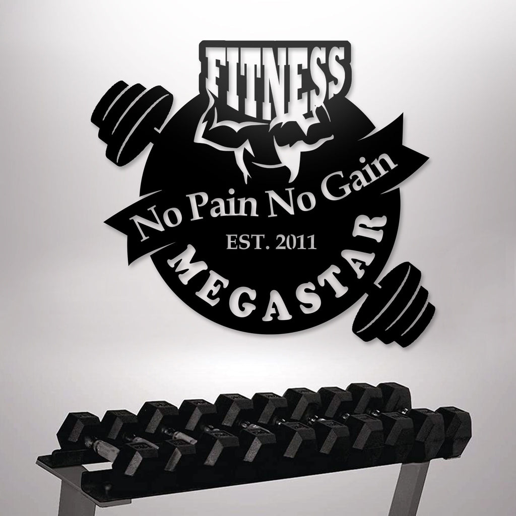 Custom Metal Name Sign, No Pain No Gain Sign, Custom Metal Gym Wall Sign, Personalized GYM Name Sign, Fitness Room Wall Art, Christmas Gift