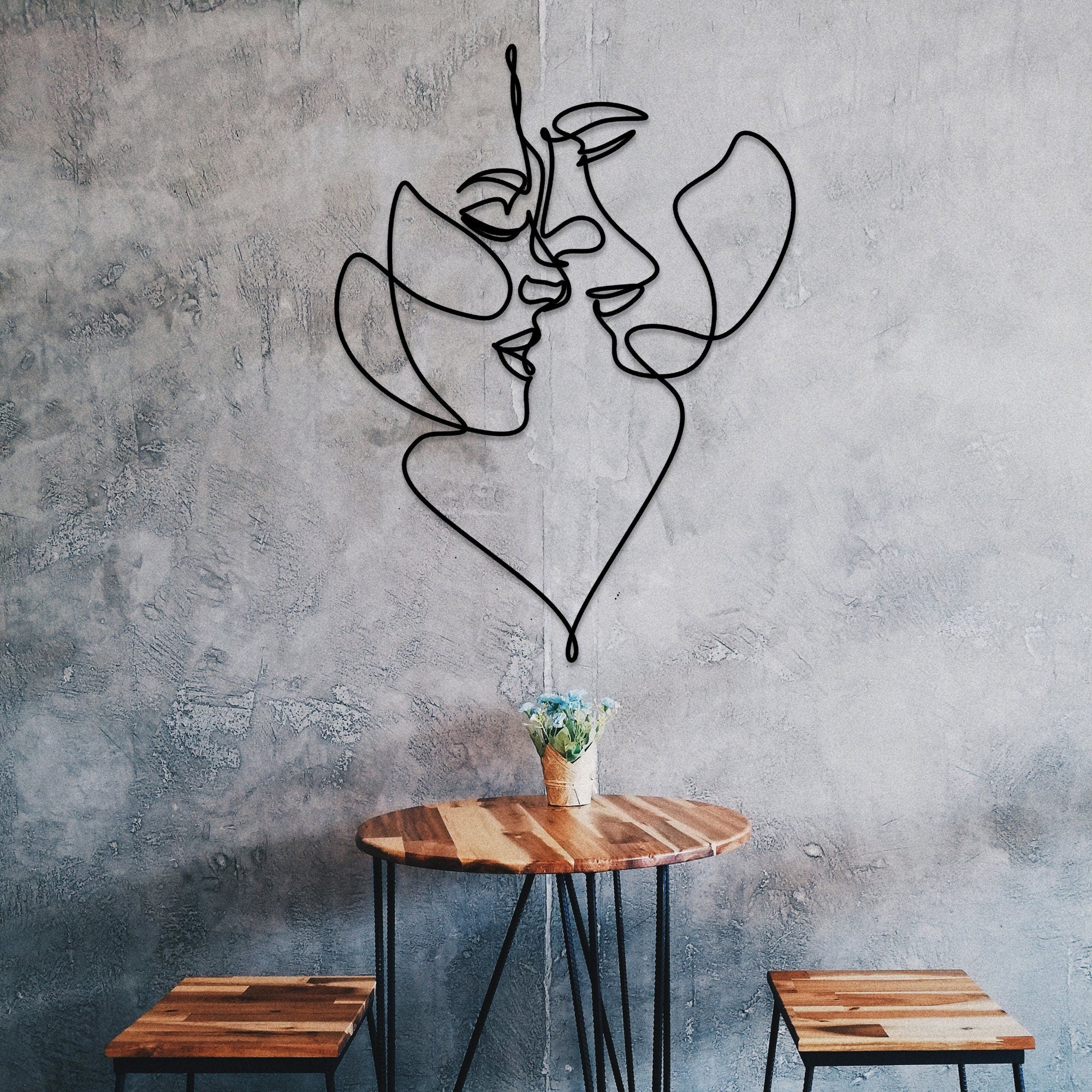 Lover Metal Line Art inside Heart, Two Faces Metal Wall Art, Headboard Metal Wall Art, Unique Birthday Gift, Christmas Gift, couple Line Art