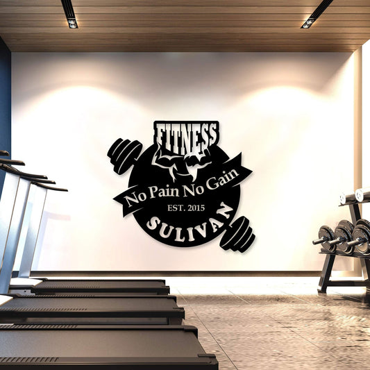 Custom Metal Name Sign, No Pain No Gain Sign, Custom Metal Gym Wall Sign, Personalized GYM Name Sign, Fitness Room Wall Art, Christmas Gift