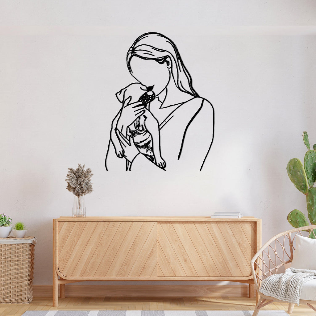 Metal Women Line Art With Dog, Woman Holding Dog Metal Wall Art, Valentine's Day Gift, Dog Lovers Birthday Gift, National Pet Day Gift