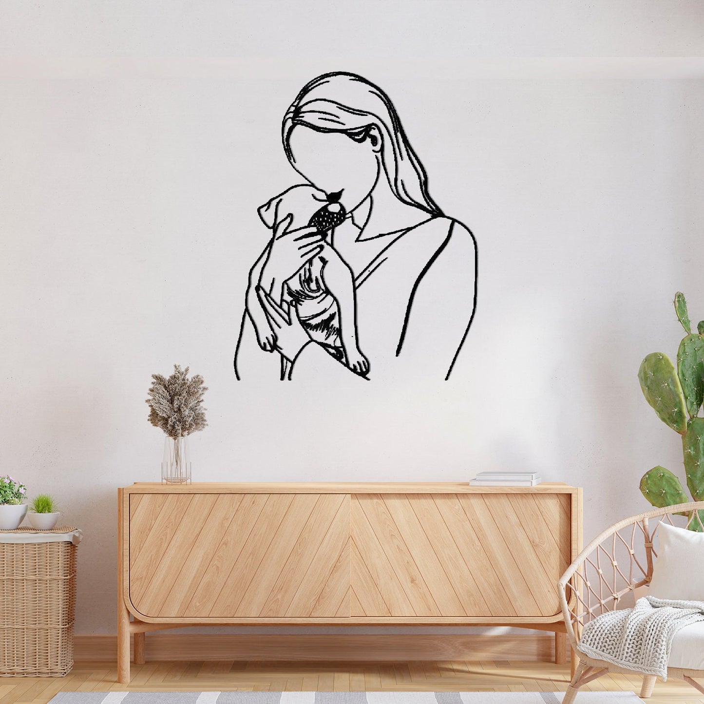 Metal Women Line Art With Dog, Woman Holding Dog Metal Wall Art, Valentine's Day Gift, Dog Lovers Birthday Gift, National Pet Day Gift