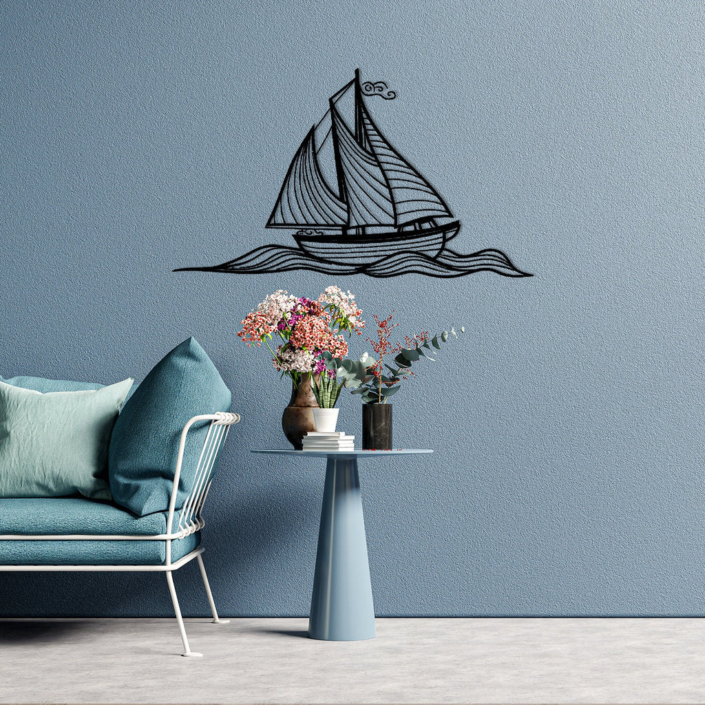 Sailboat on the Waves Metal Wall Art, Sailor Metal Wall Decor, Coastal Metal Wall Art, Yacht Line Art Decor, Gift for him, Macthless Gift
