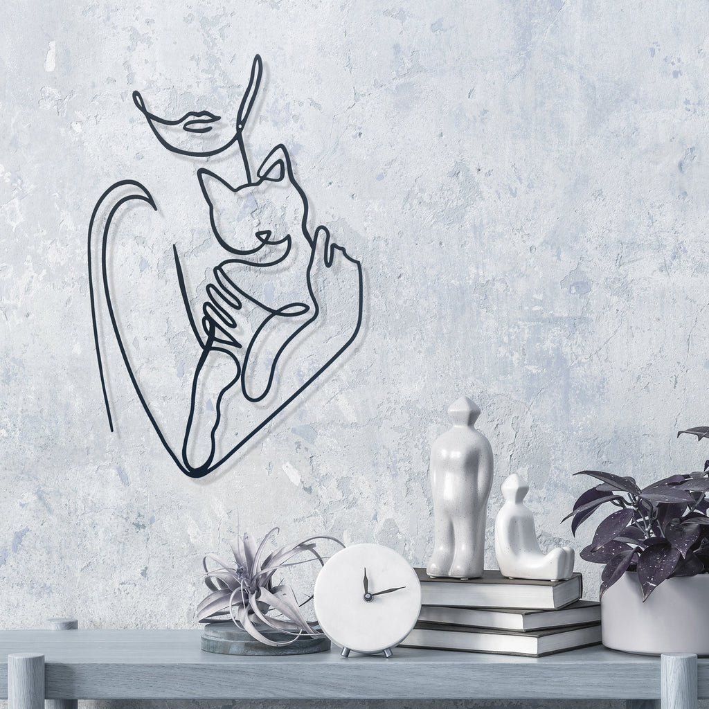 Metal Woman Line Art With Cat, Woman Holding Cat Metal Wall Art, Cat Lovers Wire Wall Art, Cat Lovers Gift, Best Gift, Mother's Day Gift