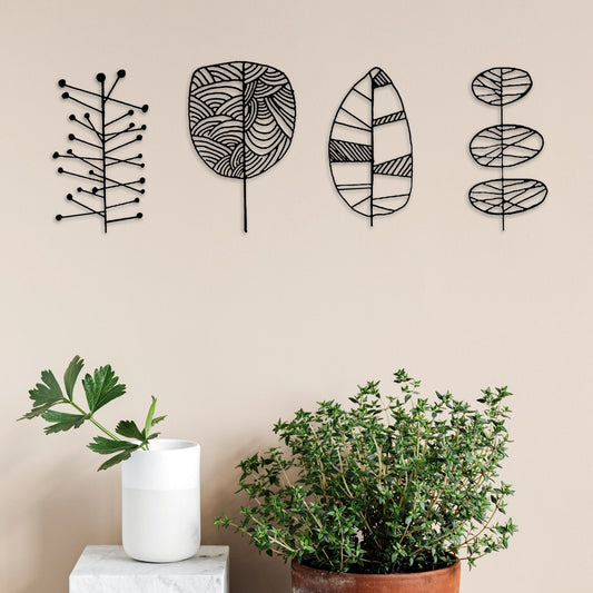 Leaf Metal Line Wall Art, Unique Metal Line Art, Tree Leaves Metal Wall Art, 4 Set of Wall Art, Birth Day Gifts, 2024 Decor Trends