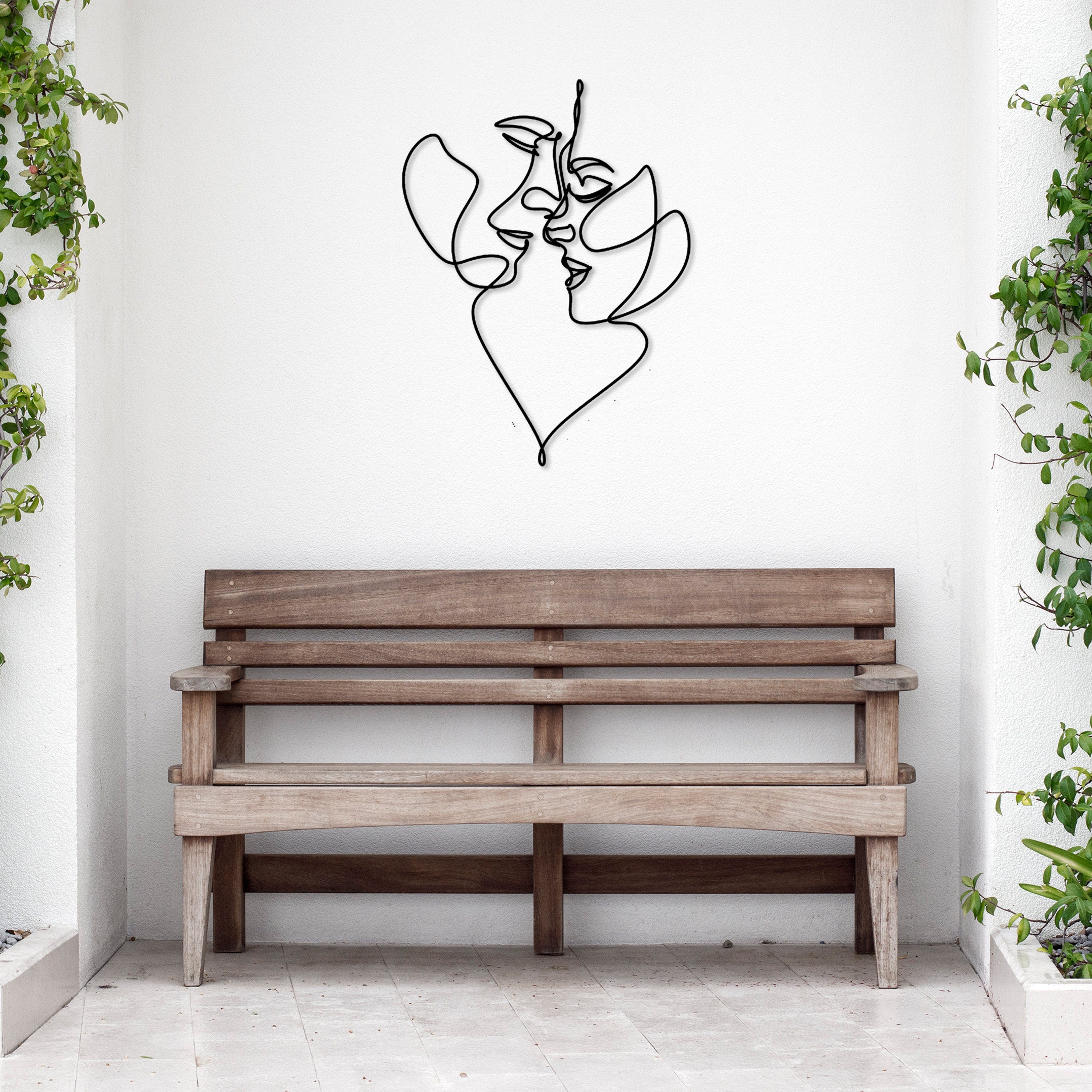Two Lovers Metal Line Art, Headboard Metal Wall Art, Heart Love Metal Wall Decor, Wire Woman Decor, Gift for Darling, Gift for Her