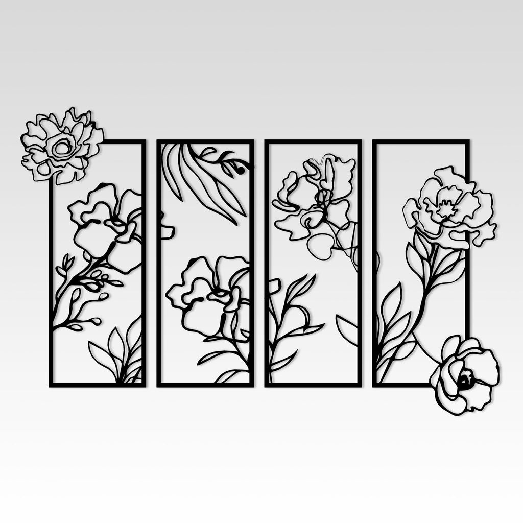 Flowers Metal Line Wall Art, Unique Metal Line Art, 4 Piece Metal Wall Decor, Headboard Metal Wall Art, Housewarming, Christmas Gift