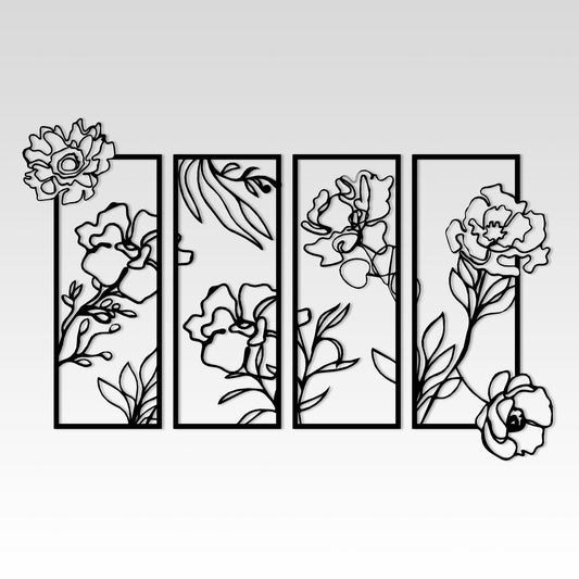 Flowers Metal Line Wall Art, Unique Metal Line Art, 4 Piece Metal Wall Decor, Headboard Metal Wall Art, Housewarming, Christmas Gift