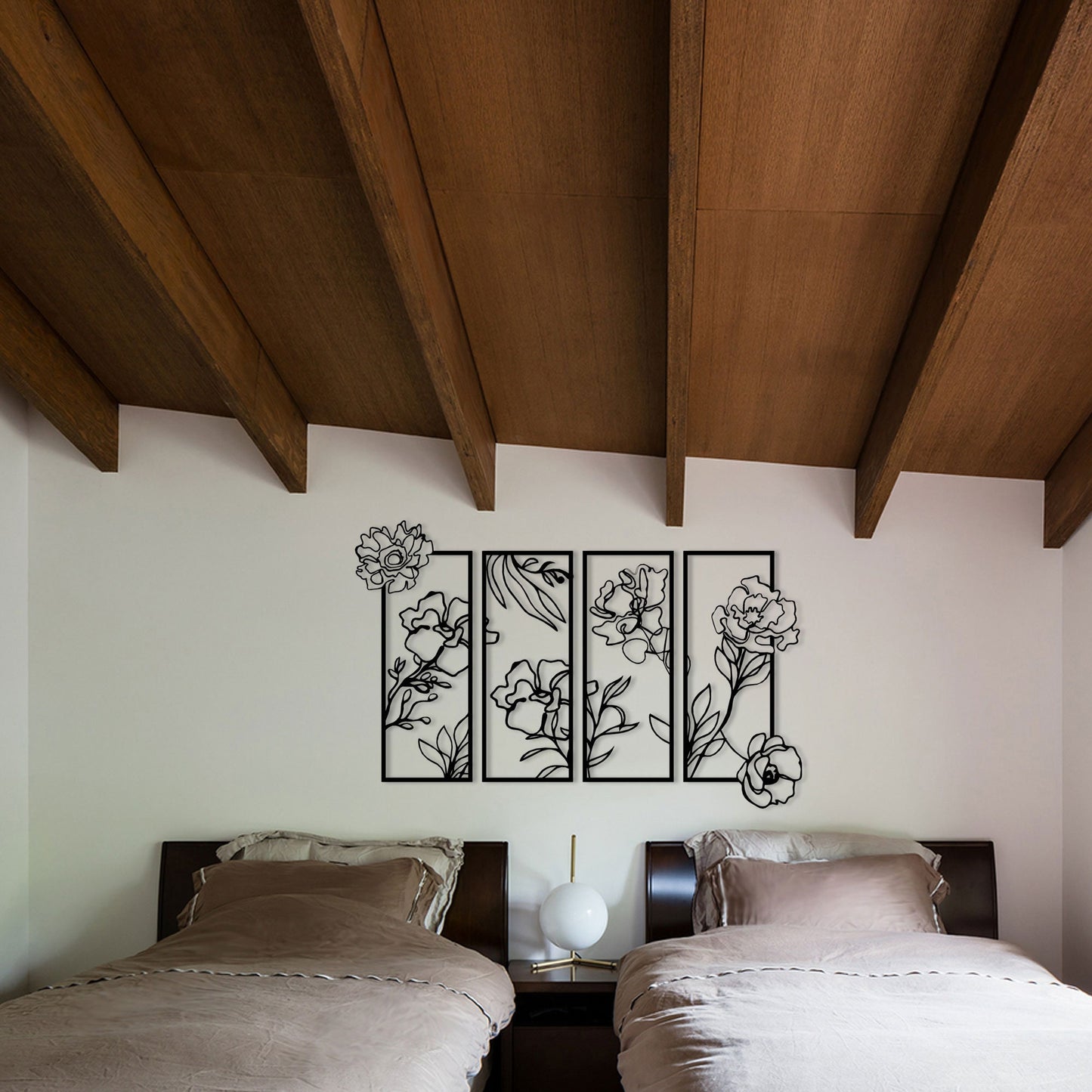 Flowers Metal Line Wall Art, Unique Metal Line Art, 4 Piece Metal Wall Decor, Headboard Metal Wall Art, Housewarming, Christmas Gift