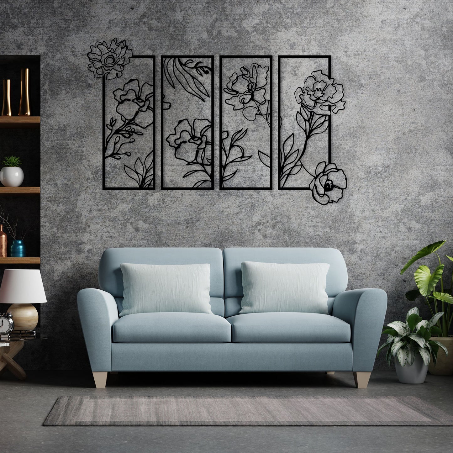 Flowers Metal Line Wall Art, Unique Metal Line Art, 4 Piece Metal Wall Decor, Headboard Metal Wall Art, Housewarming, Christmas Gift