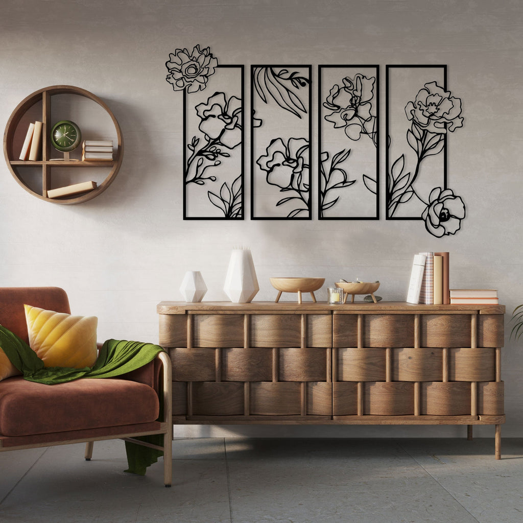 Flowers Metal Line Wall Art, Unique Metal Line Art, 4 Piece Metal Wall Decor, Headboard Metal Wall Art, Housewarming, Christmas Gift