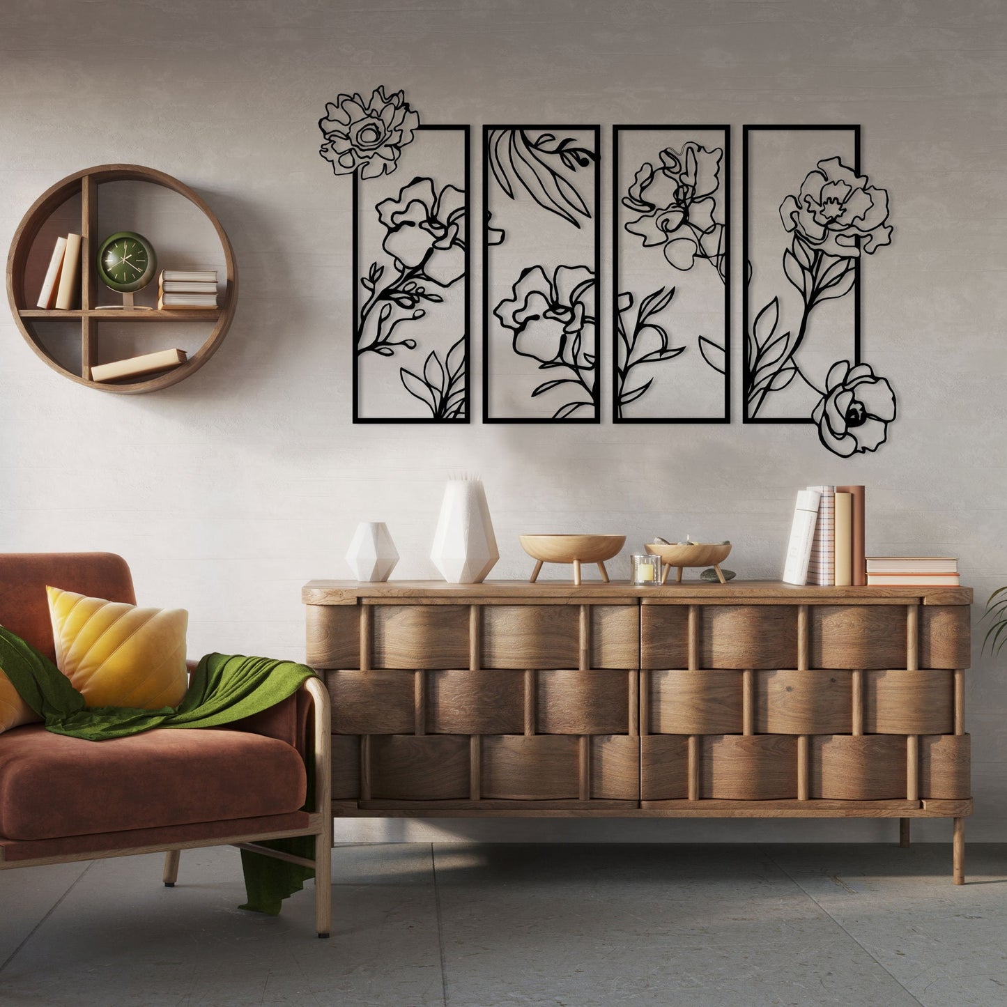 Flowers Metal Line Wall Art, Unique Metal Line Art, 4 Piece Metal Wall Decor, Headboard Metal Wall Art, Housewarming, Christmas Gift