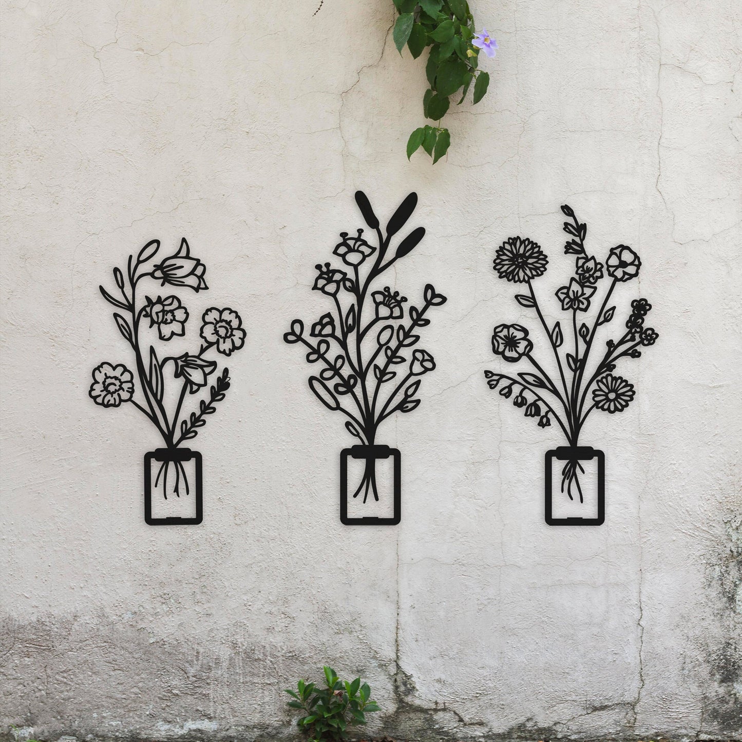 Flower in Pot Metal Wall Art, ivy Metal Decor, 3pcs Flower Metal Wall Art, Kitchen Metal Line Art, Unique Birthday Gift, Gift for Her