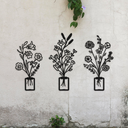 Flower in Pot Metal Wall Art, ivy Metal Decor, 3pcs Flower Metal Wall Art, Kitchen Metal Line Art, Unique Birthday Gift, Gift for Her