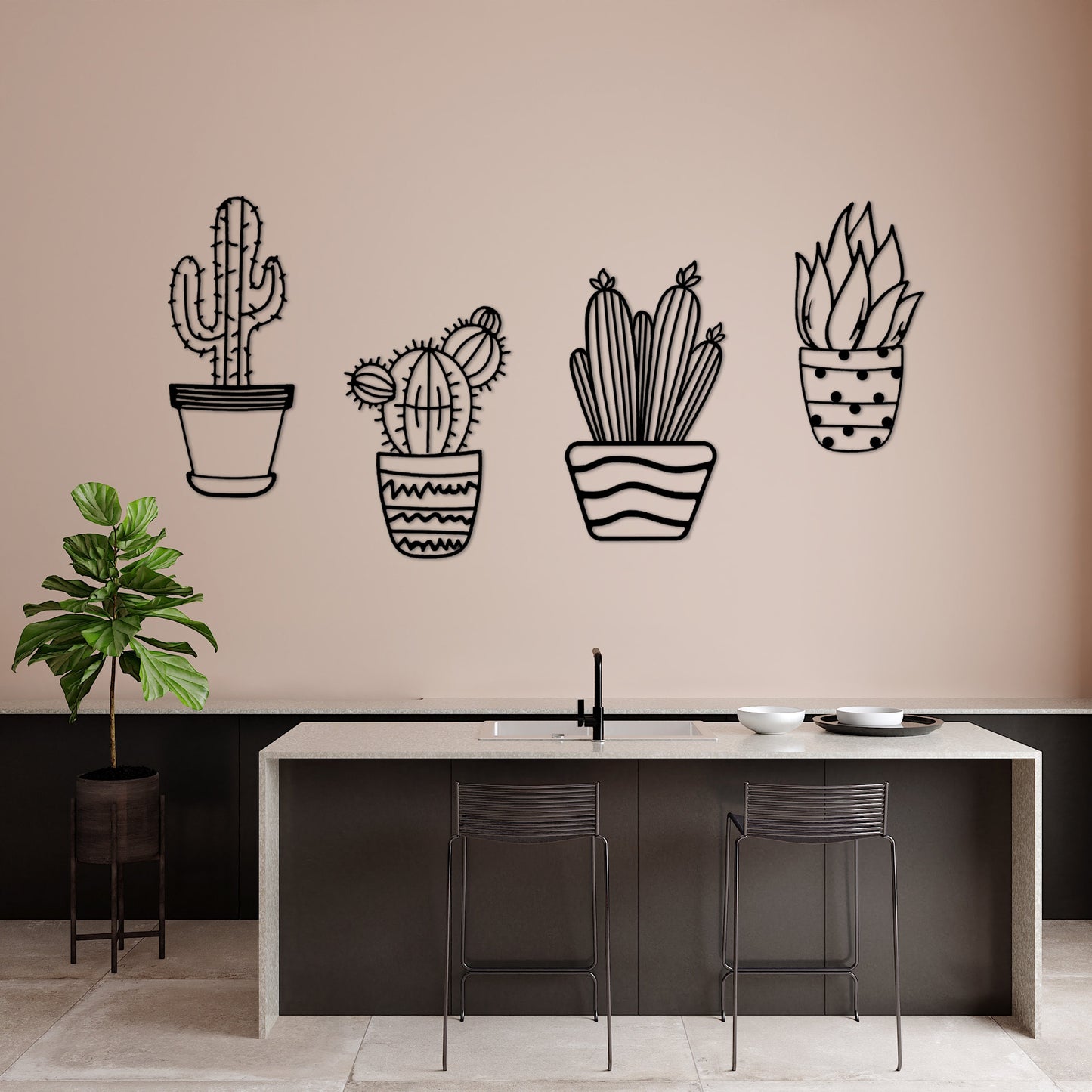 Cactus Metal Line Wall Art, Unique Metal Line Art, Four Cactus Metal Wall Art, 4 Set of Wall Decor, Valentine's Day Gift, Gift for him