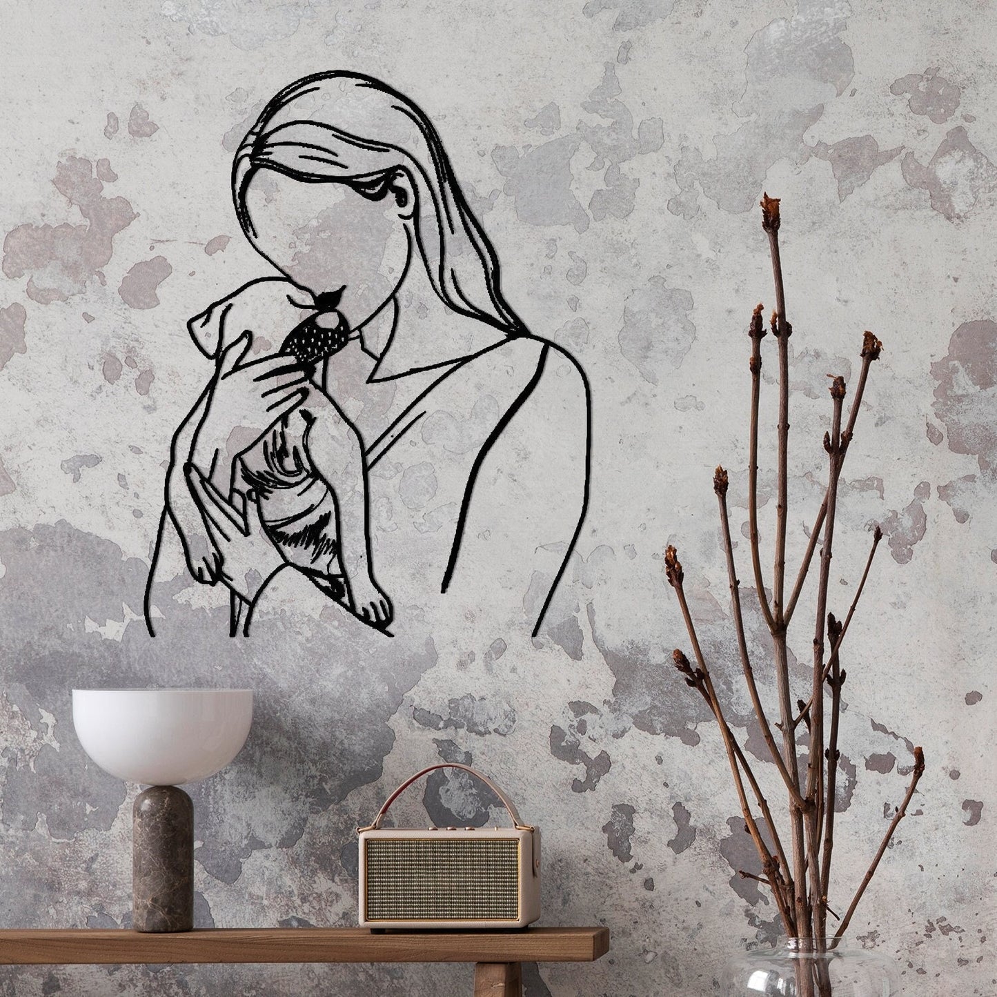 Metal Women Line Art With Dog, Woman Holding Dog Metal Wall Art, Valentine's Day Gift, Dog Lovers Birthday Gift, National Pet Day Gift