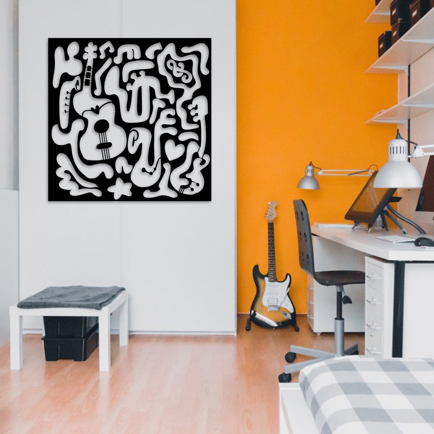 Guitar Metal Wall Art, Abstract Musical instruments Metal Wall Decor, Music Lovers Birthday Gift, Unique Music Room Metal Wall Art