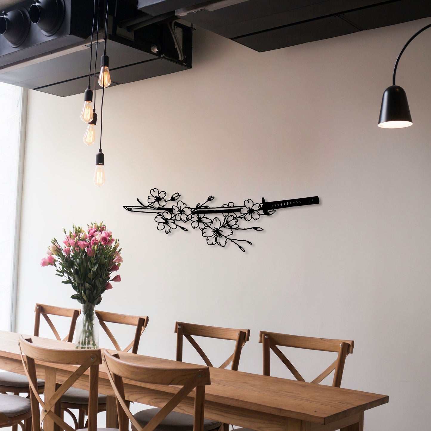 Flowers and Katana Metal Wall Art, Headboard Metal Wall Art, Yoga room Metal Decor, Unique Birthday Gift, Gift for Her, Valentine's Day gift