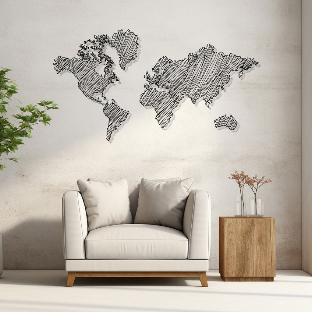 World Map Metal Wall Art, Unique Office Metal Decor, World Map Line Wall Art, Gift for Travel Lovers, Anniversary Gift, Valentine's Day gift