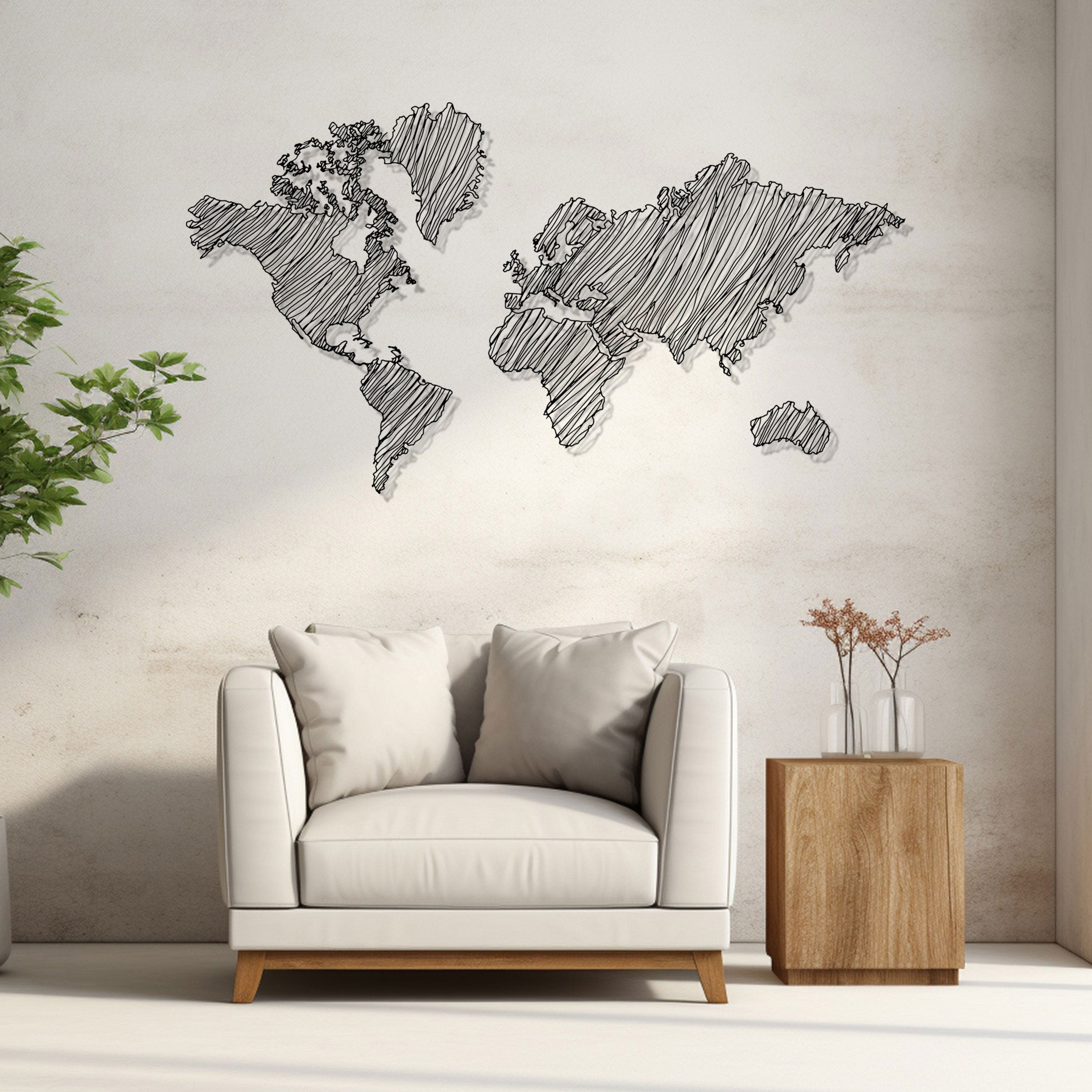 World Map Metal Wall Art, Unique Office Metal Decor, World Map Line Wall Art, Gift for Travel Lovers, Anniversary Gift, Valentine's Day gift