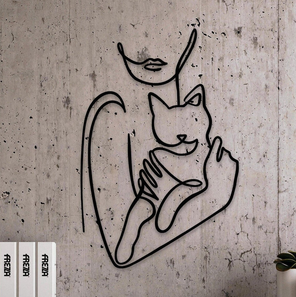 Metal Woman Line Art With Cat, Woman Holding Cat Metal Wall Art, Cat Lovers Wire Wall Art, Cat Lovers Gift, Best Gift, Mother's Day Gift