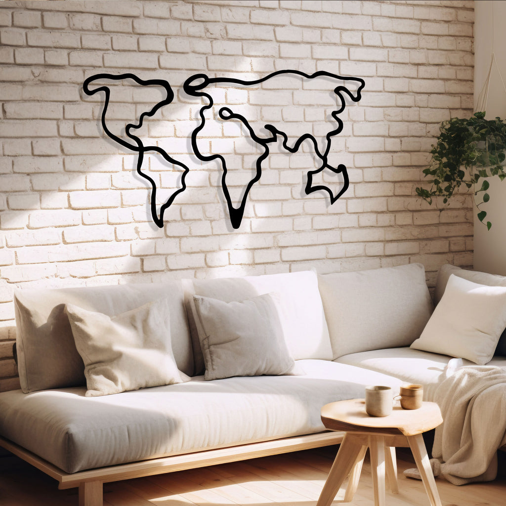 Metal World Map Wall Art - Line Art Office Decor - Unique Birthday Gift