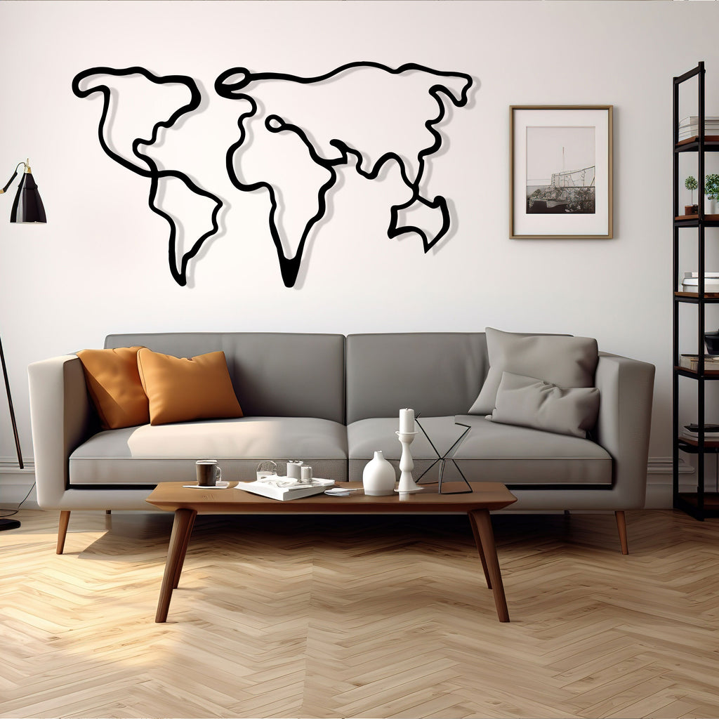 Metal World Map Wall Art - Line Art Office Decor - Unique Birthday Gift