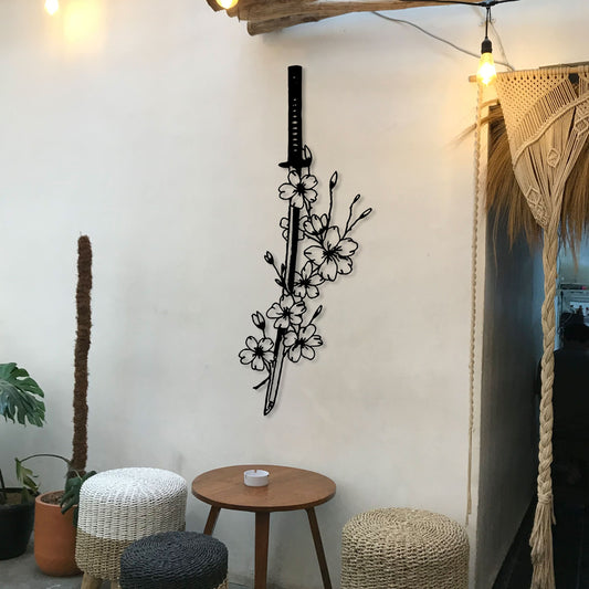 Flowers and Katana Metal Wall Art, Headboard Metal Wall Art, Yoga room Metal Decor, Unique Birthday Gift, Gift for Her, Valentine's Day gift