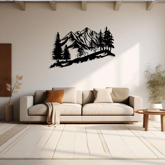 Mountain Metal Wall Art with Biker Design - Rustic Wall Decor for Home and Office - Camping Lovers Birthday gift - Outdoor Metal Wall Art