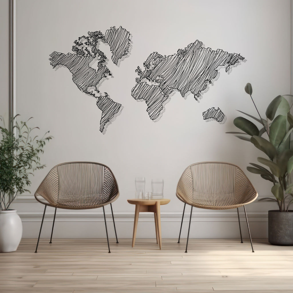 World Map Metal Wall Art, Unique Office Metal Decor, World Map Line Wall Art, Gift for Travel Lovers, Anniversary Gift, Valentine's Day gift