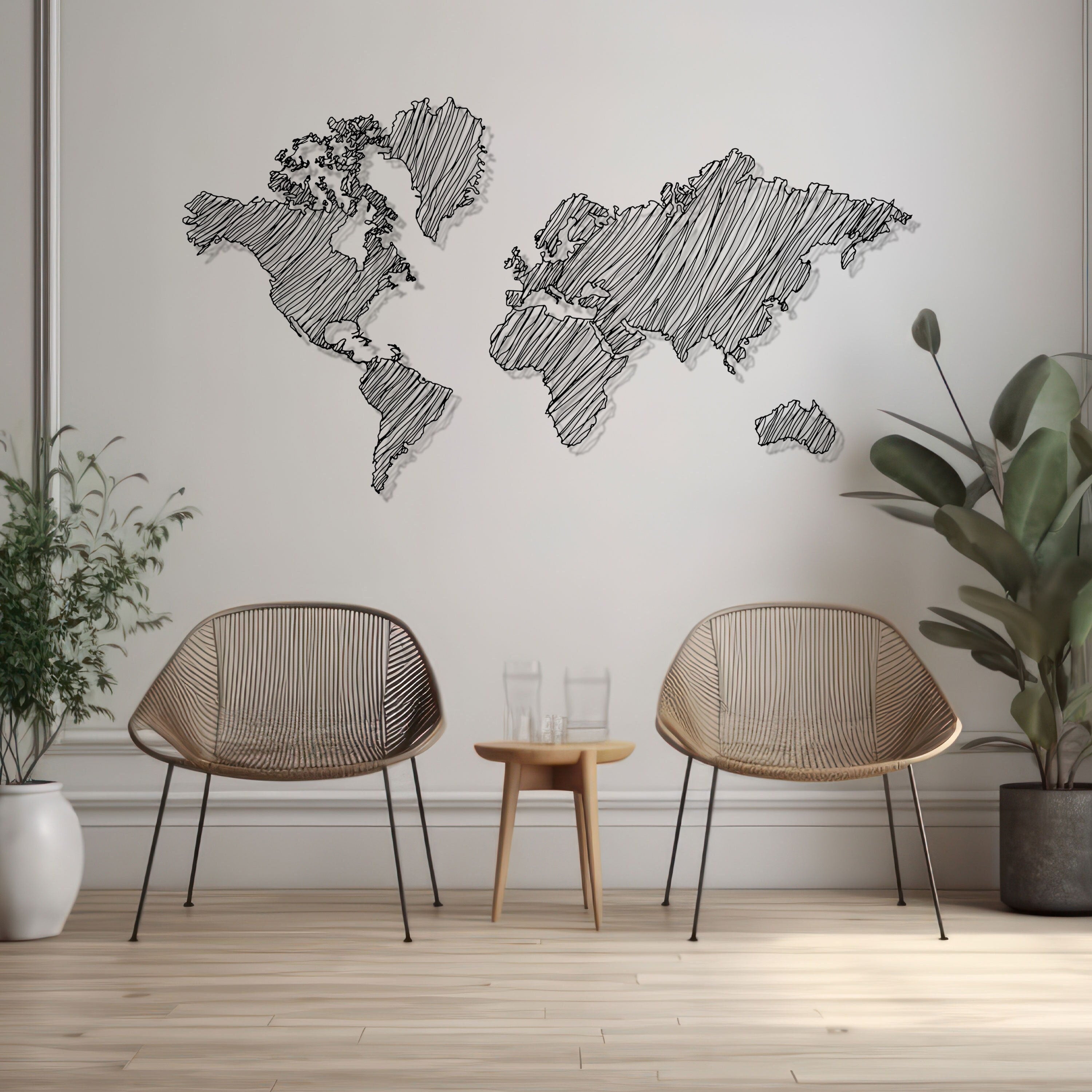 World Map Metal Wall Art, Unique Office Metal Decor, World Map Line Wall Art, Gift for Travel Lovers, Anniversary Gift, Valentine's Day gift