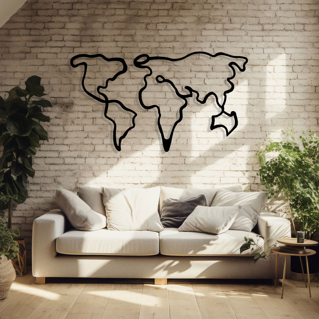 Metal World Map Wall Art - Line Art Office Decor - Unique Birthday Gift