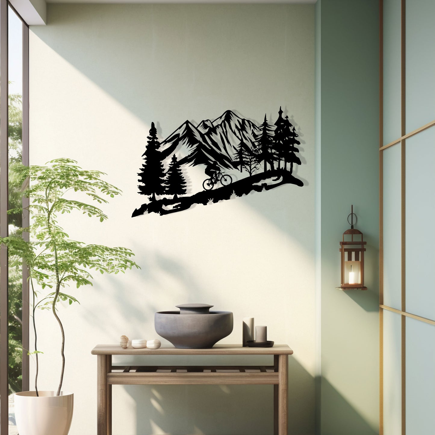 Mountain Metal Wall Art with Biker Design - Rustic Wall Decor for Home and Office - Camping Lovers Birthday gift - Outdoor Metal Wall Art