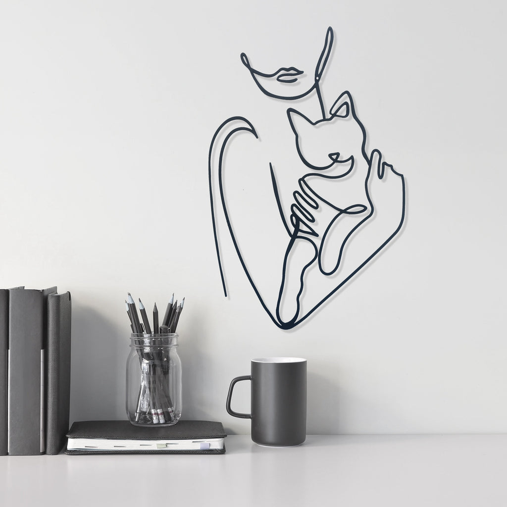 Metal Woman Line Art With Cat, Woman Holding Cat Metal Wall Art, Cat Lovers Wire Wall Art, Cat Lovers Gift, Best Gift, Mother's Day Gift