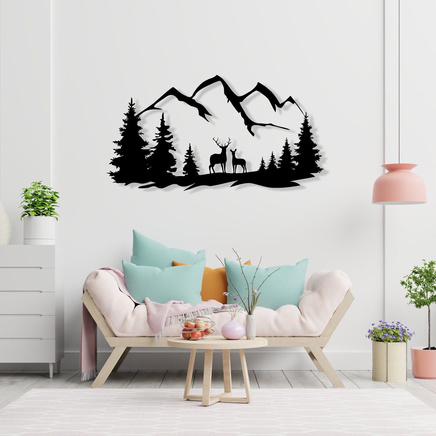 Deer Mountain Metal Wall Art, Deer Forest Metal Wall Art, Unique Birthday Gift, Pine Forest Mountains Metal Wall Decor, Valentine's Day Gift