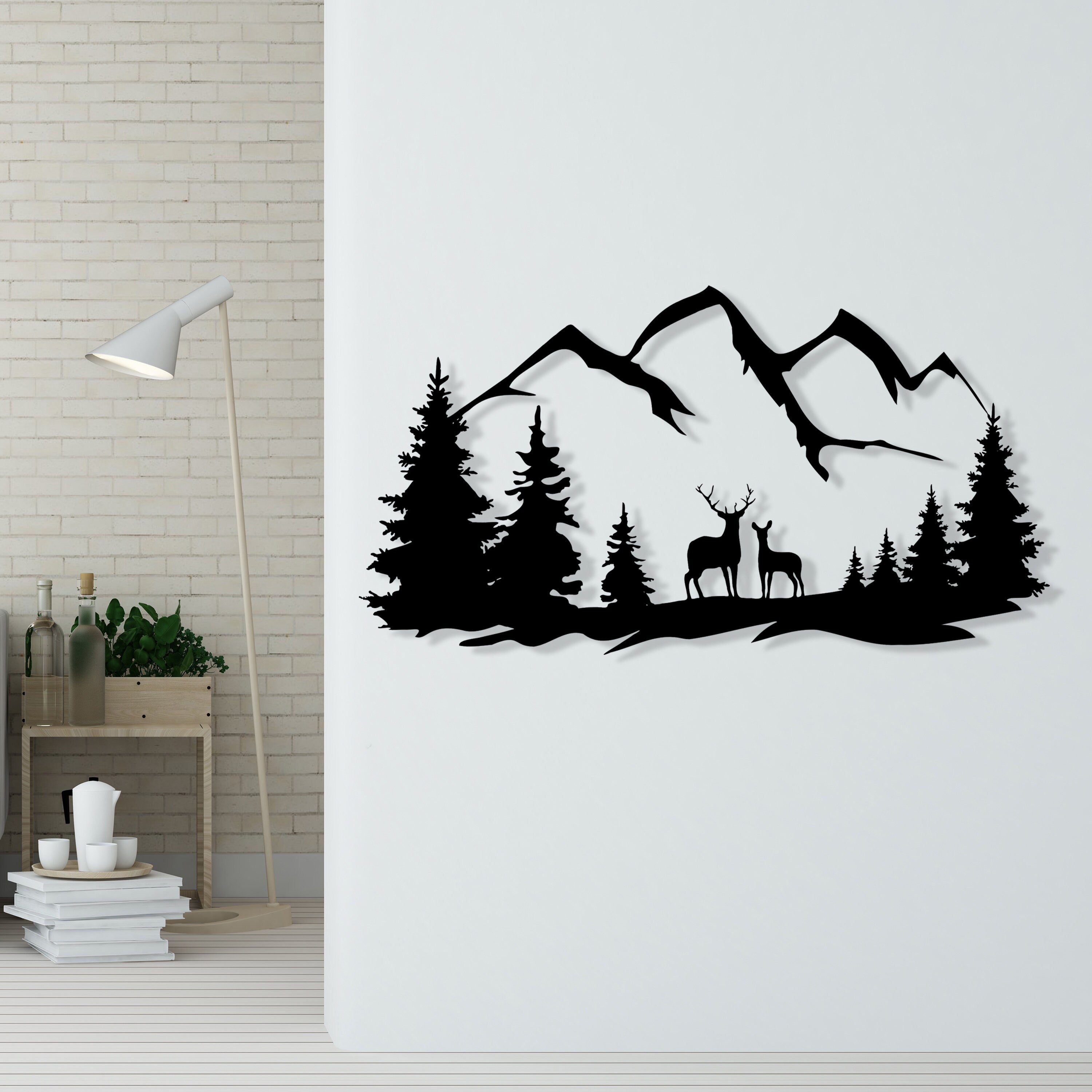Deer Mountain Metal Wall Art, Deer Forest Metal Wall Art, Unique Birthday Gift, Pine Forest Mountains Metal Wall Decor, Valentine's Day Gift