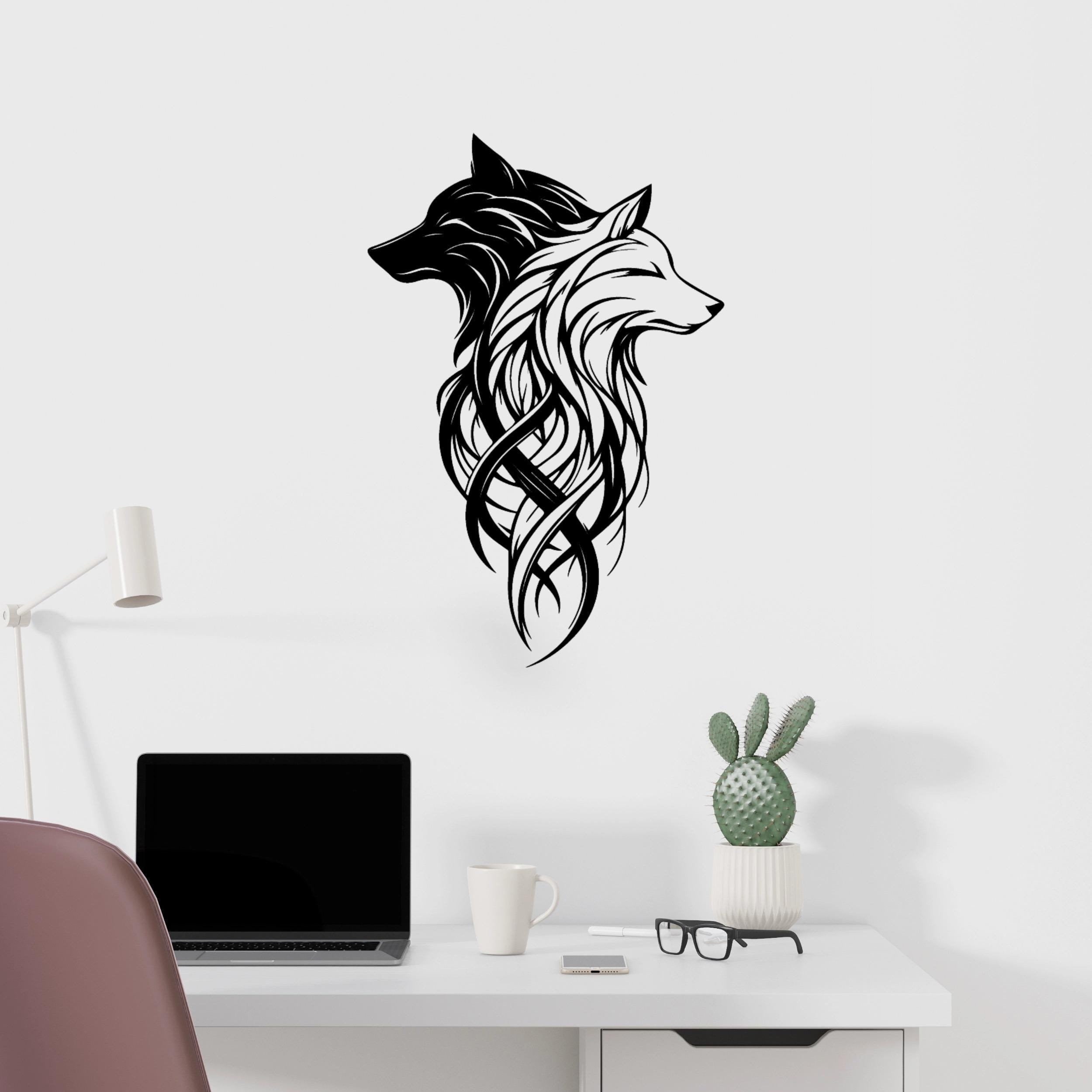 Two Wolves Metal Wall Art - Black & White Dual Wolf Head Decor - Unique Birthday Gift