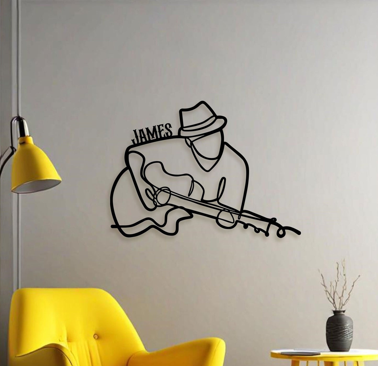 Name Writable Guitar Playing Man Gift Metal Wall Art, Custom Guitarist Metal Line Wall Art, Musicians Lovers Gift, Rock n Roll Metal Art