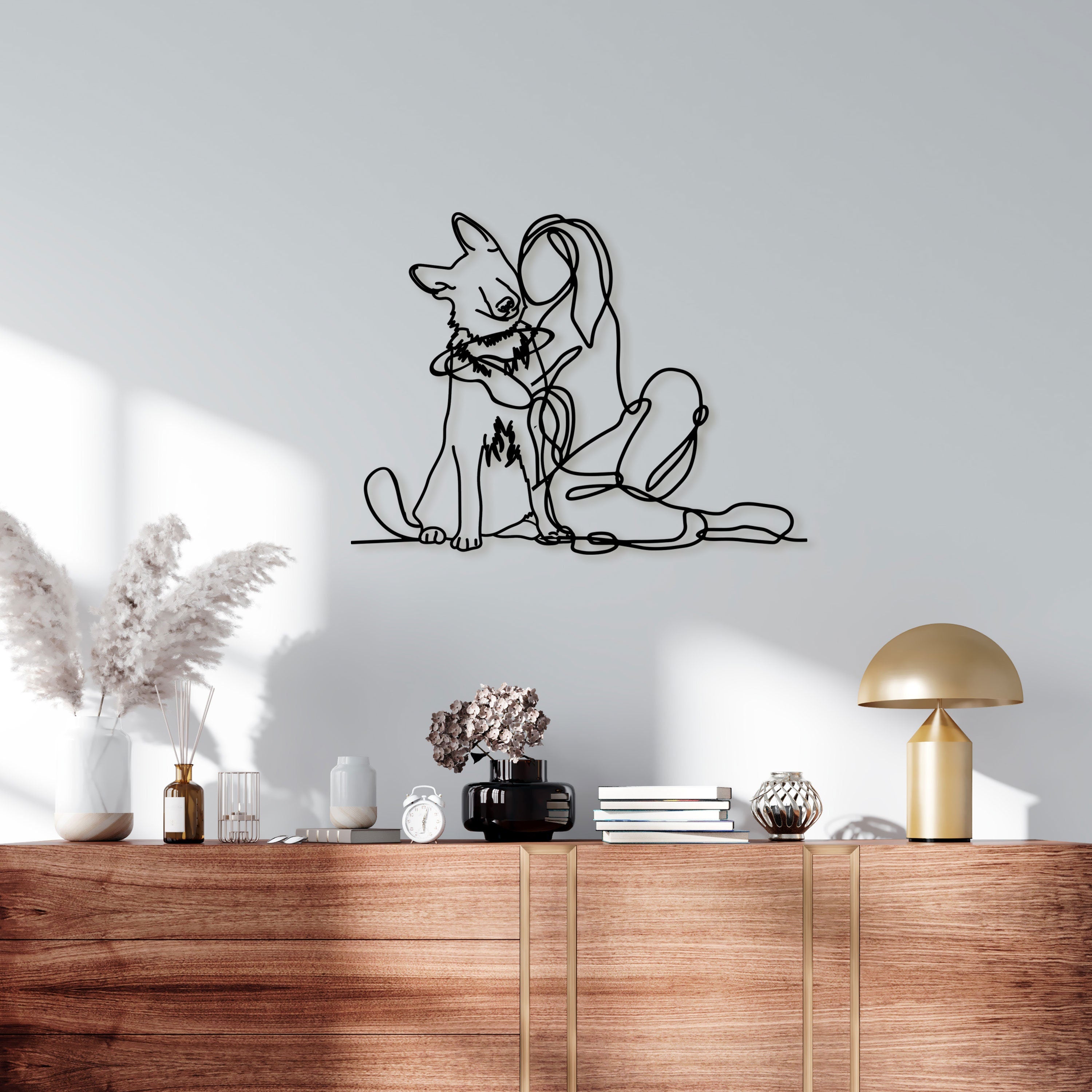 Woman Holding German Shepherd Metal Line Wall Art, Dog Lovers Wire Metal Wall Decor, Dog Lovers  Gift, National Pet Day, K9 Dog Lovers Gift