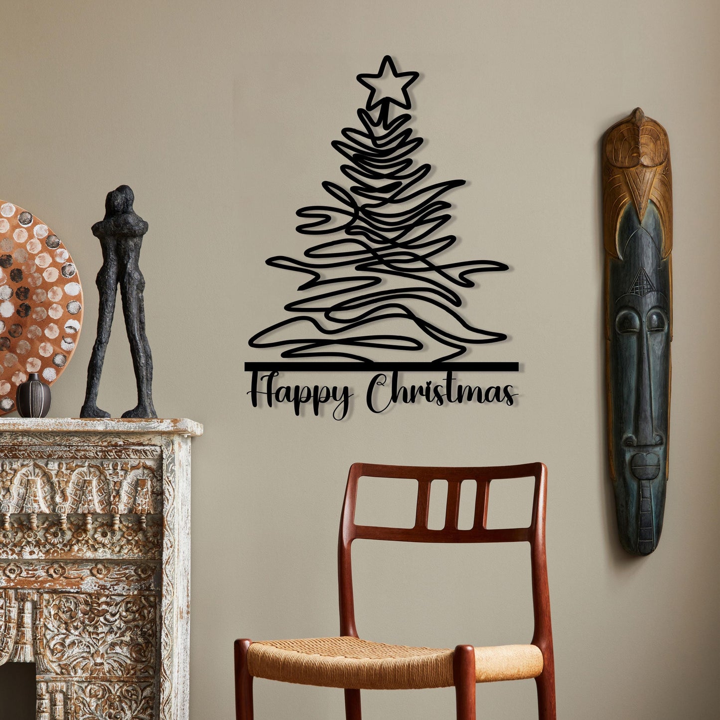 Happy Christmas Metal Wall Art, Thanksgiving Unique Metal Line Wall Decor, Pine Tree  Line Art, Personalized Sign, Valentine's Day gift