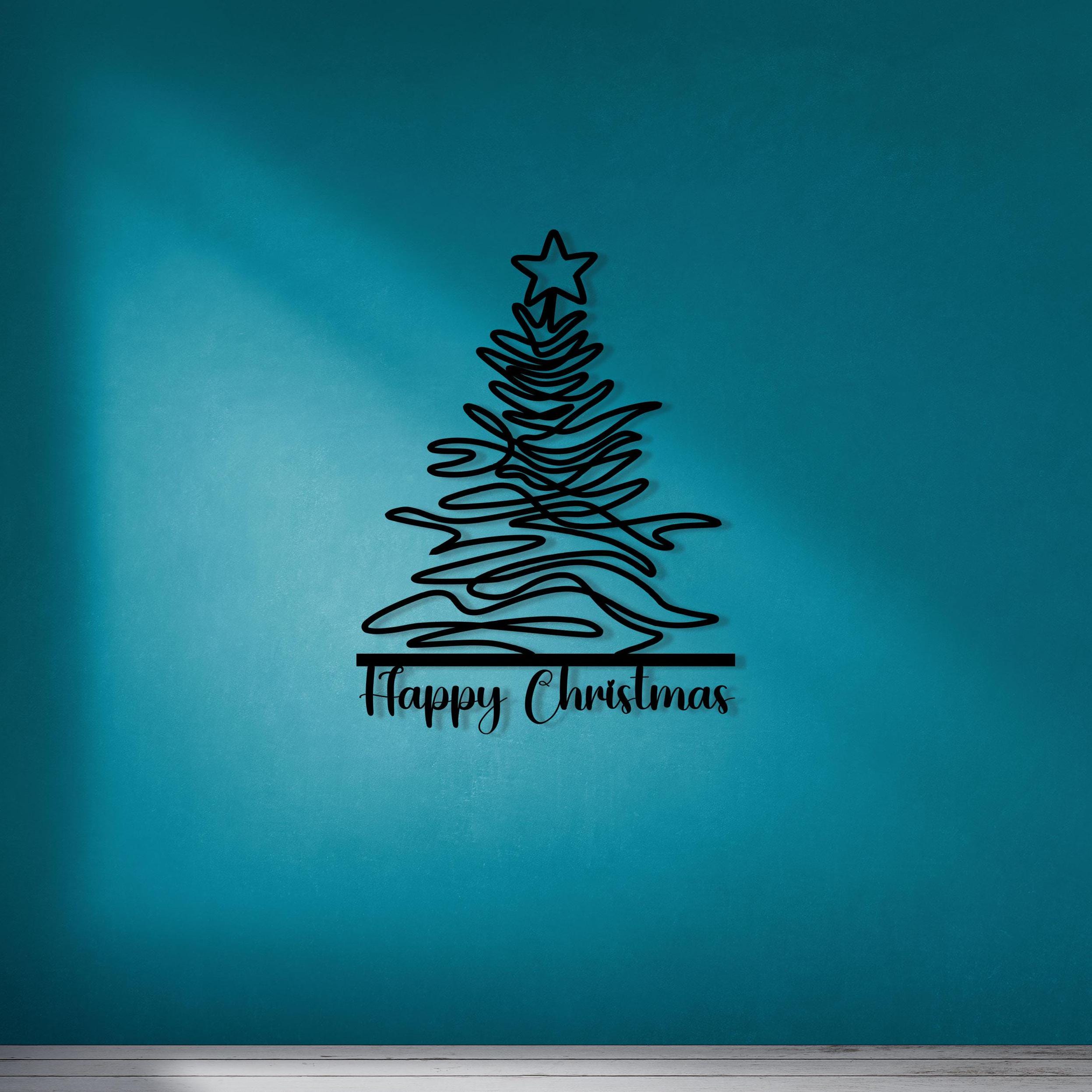 Happy Christmas Metal Wall Art, Thanksgiving Unique Metal Line Wall Decor, Pine Tree  Line Art, Personalized Sign, Valentine's Day gift