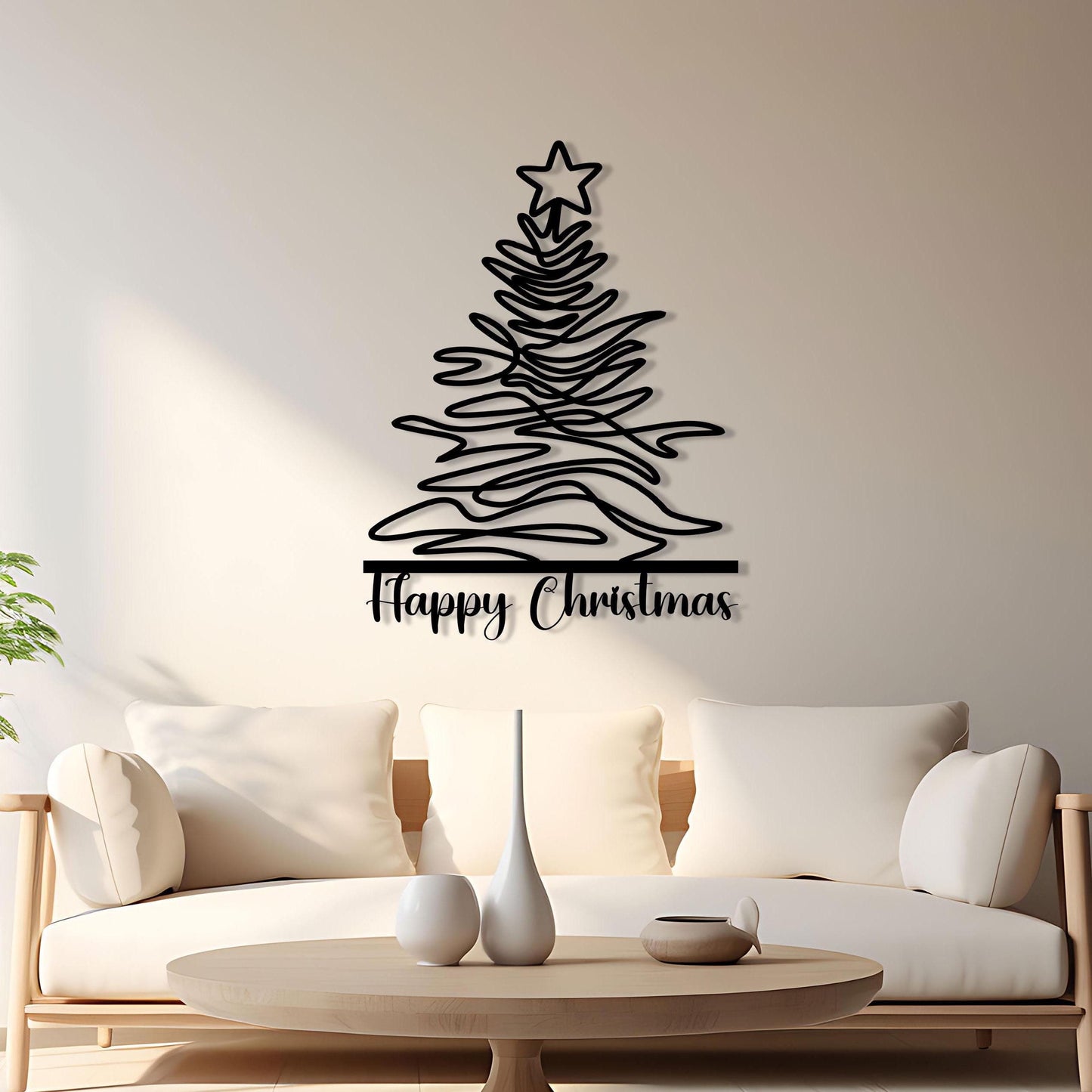 Happy Christmas Metal Wall Art, Thanksgiving Unique Metal Line Wall Decor, Pine Tree  Line Art, Personalized Sign, Valentine's Day gift