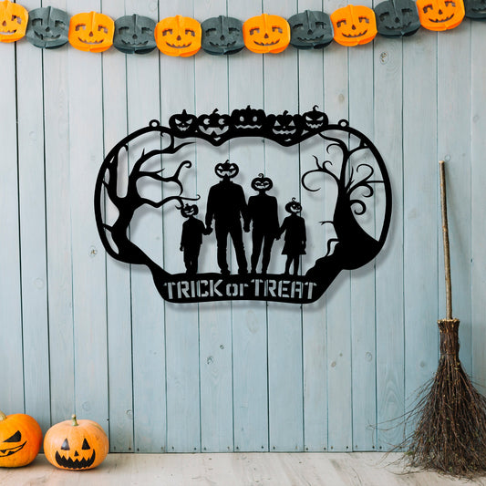 Personalized Halloween Metal Entrance Sign, Trick or Treat Metal Wall Art, Custom Metal House Entry Name Sign, Pumpkin Halloween Entry Decor