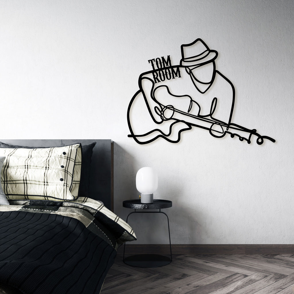 Name Writable Guitar Playing Man Gift Metal Wall Art, Custom Guitarist Metal Line Wall Art, Musicians Lovers Gift, Rock n Roll Metal Art