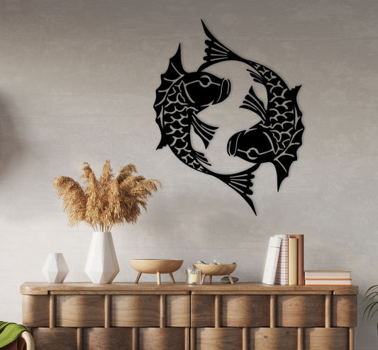 Ying Yang of Koi Fish Metal Wall Art, Japanese Culture Wall Decor Gift, Yoga Metal Wall Decor, Birthday Gift, Wall Decor for Meditation