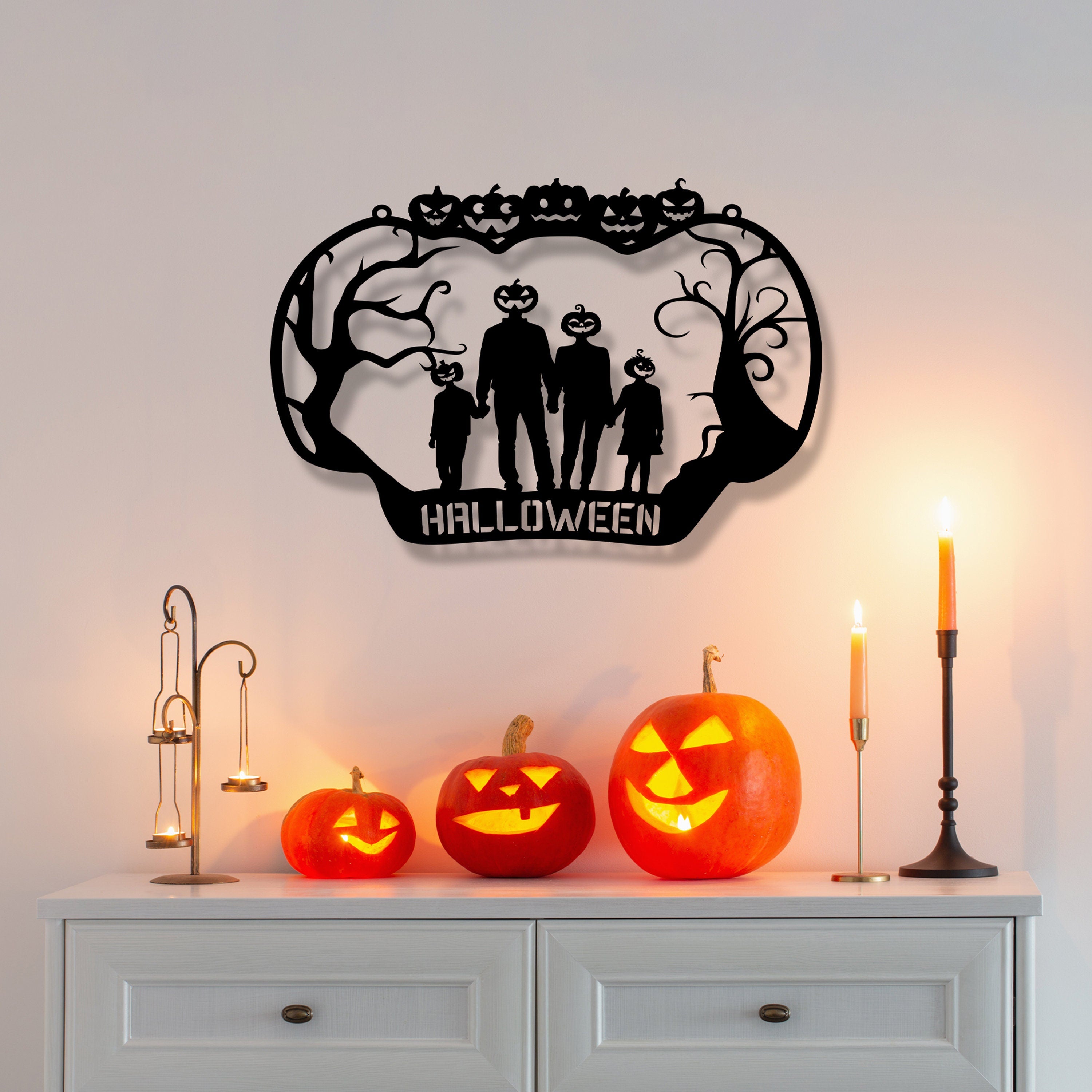 Personalized Halloween Metal Entrance Sign, Trick or Treat Metal Wall Art, Custom Metal House Entry Name Sign, Pumpkin Halloween Entry Decor